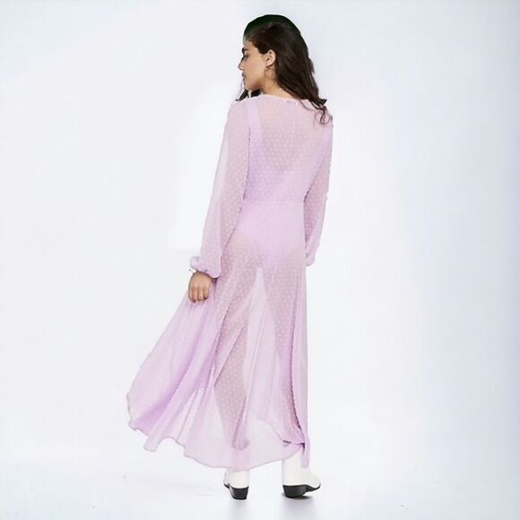 EXPRESS X Rocky Barnes Lilac Swiss Dot Button Front Kimono Sheer Dress Sz M - Picture 3 of 14
